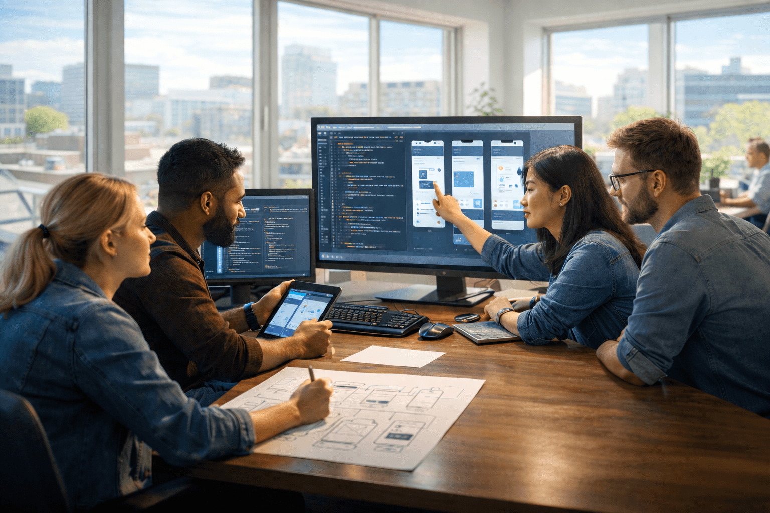 Equipo profesional colaborando en el desarrollo de aplicaciones móviles
