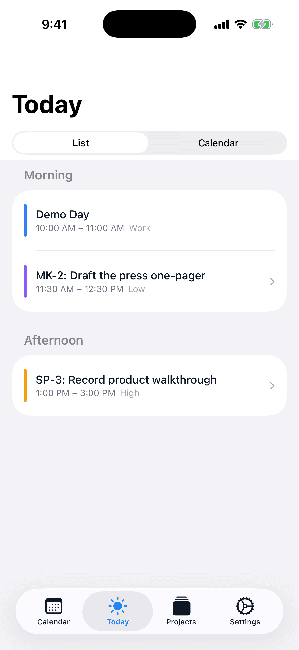 AI Calendar Buddy Today screen with calendar events and tasks
