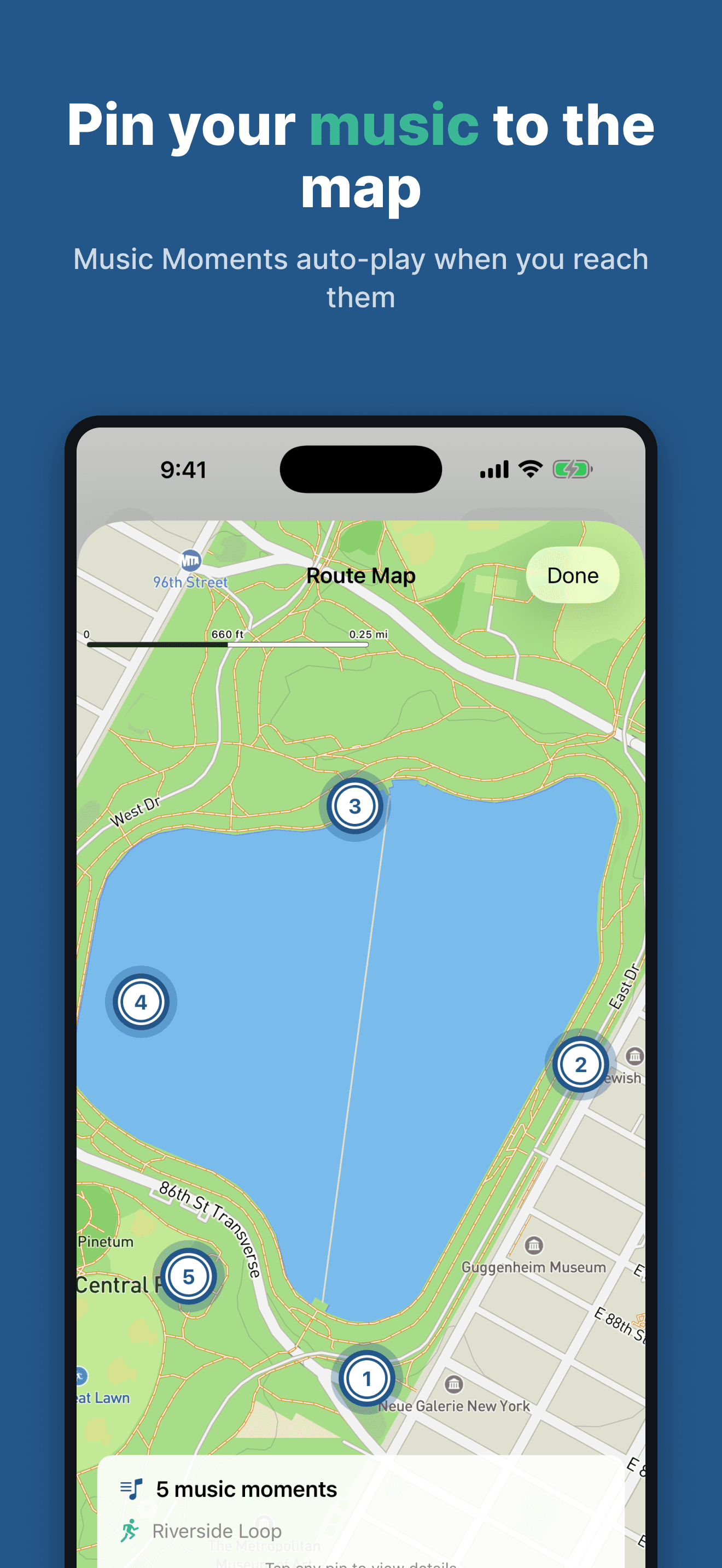 On Cue Music Player map showing music moments along a route