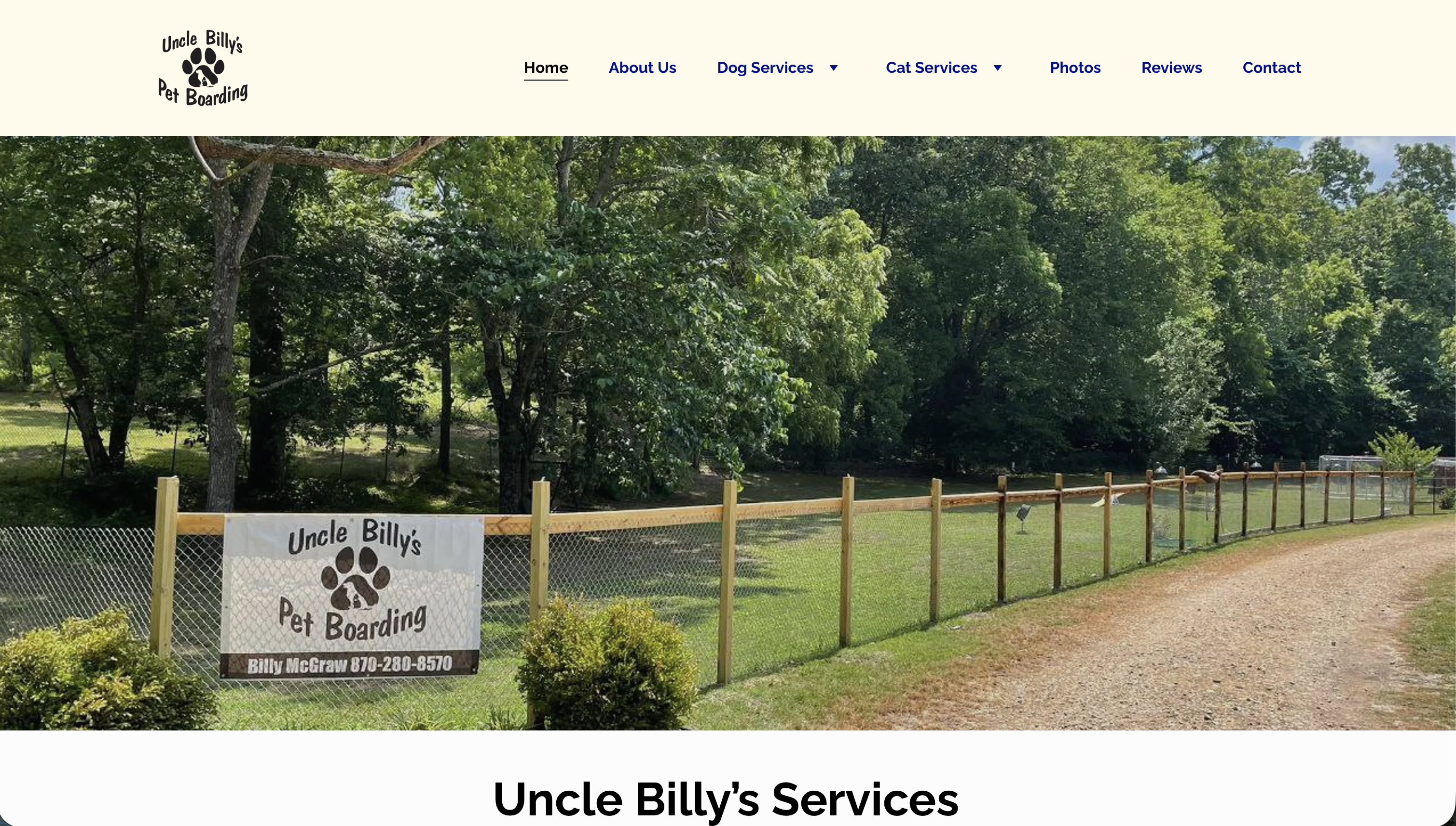 Página de inicio del sitio web de Uncle Billy's Pet Boarding